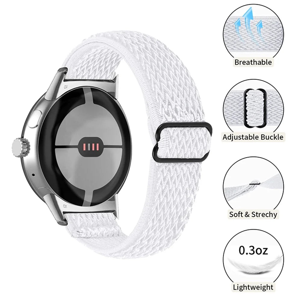 For Google Pixel Watch 4 41mm / Watch 3 41mm / Watch 2 / Watch Elastic Woven Soft Watch Strap Replacement Wrist Band (Silver Connector) - White - 2