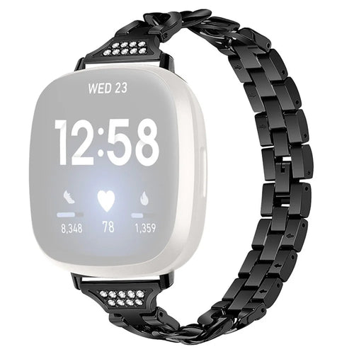 For Fitbit Versa 3 / Sense Universal Watch Strap Metal Watch Band Rhinestone Decorated Connector Watchband for Girls - Black - 1