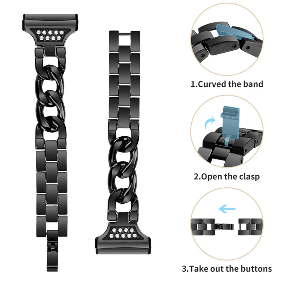 For Fitbit Versa 3 / Sense Universal Watch Strap Metal Watch Band Rhinestone Decorated Connector Watchband for Girls - Black - 4