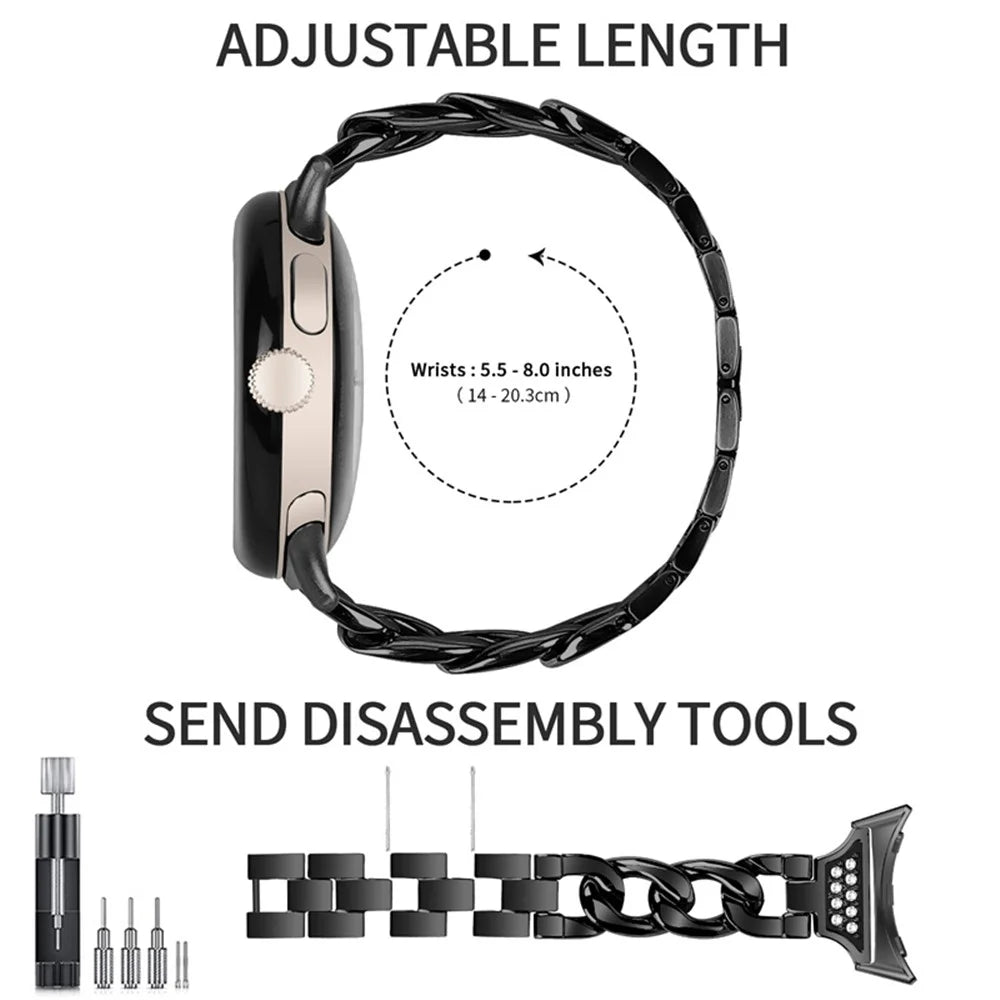 For Google Pixel Watch 4 41mm / Watch 3 41mm / Watch 2 / Watch Rhinestone Decor Metal Watch Band Wristband Replacement Strap - Black - 4