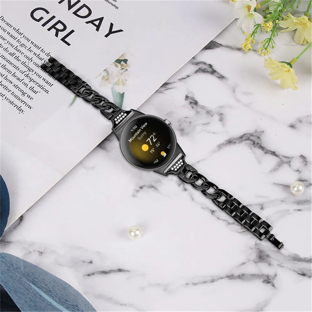 For Google Pixel Watch 4 41mm / Watch 3 41mm / Watch 2 / Watch Rhinestone Decor Metal Watch Band Wristband Replacement Strap - Black - 5