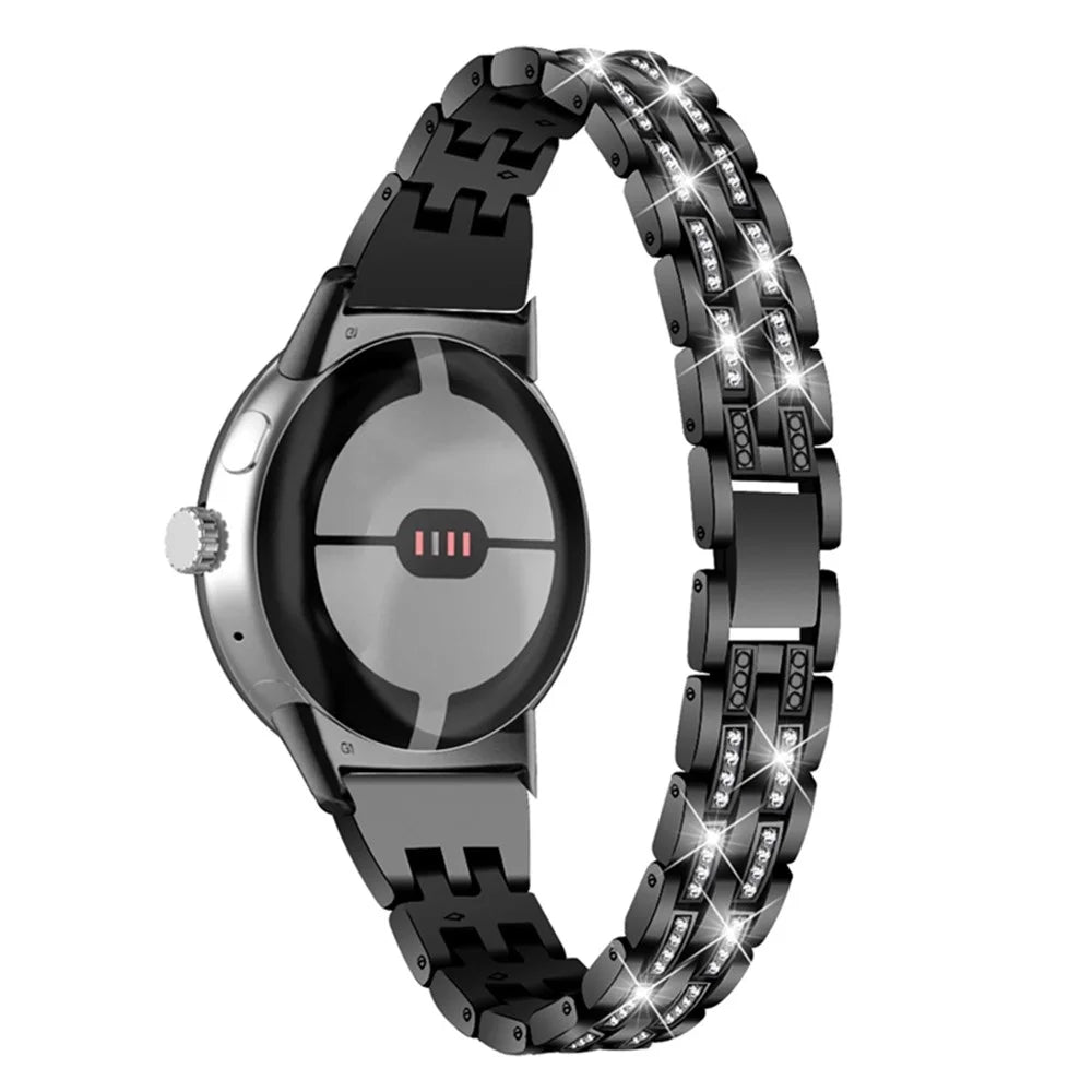 2 Rows Rhinestone Decor Watch Band for Google Pixel Watch 4 41mm / Watch 3 41mm / Watch 2 / Watch 5 Beads Metal Wrist Strap Replacement - Black - 1