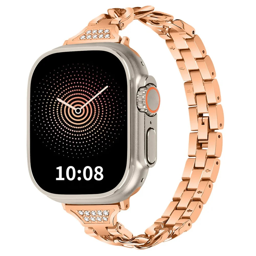 For Apple Watch Ultra 3 2 1 49mm / Series 11 10 46mm / 9 8 7 45mm / SE3 SE2 SE 6 5 4 44mm / 3 2 1 42mm Rhinestone Decor Metal Smart Watch Band Replacement Wrist Strap - Rose Gold - 2