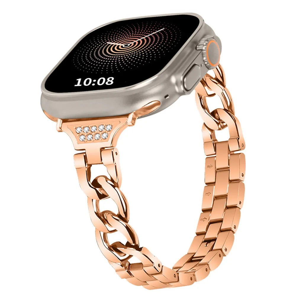 For Apple Watch Ultra 3 2 1 49mm / Series 11 10 46mm / 9 8 7 45mm / SE3 SE2 SE 6 5 4 44mm / 3 2 1 42mm Rhinestone Decor Metal Smart Watch Band Replacement Wrist Strap - Rose Gold - 3
