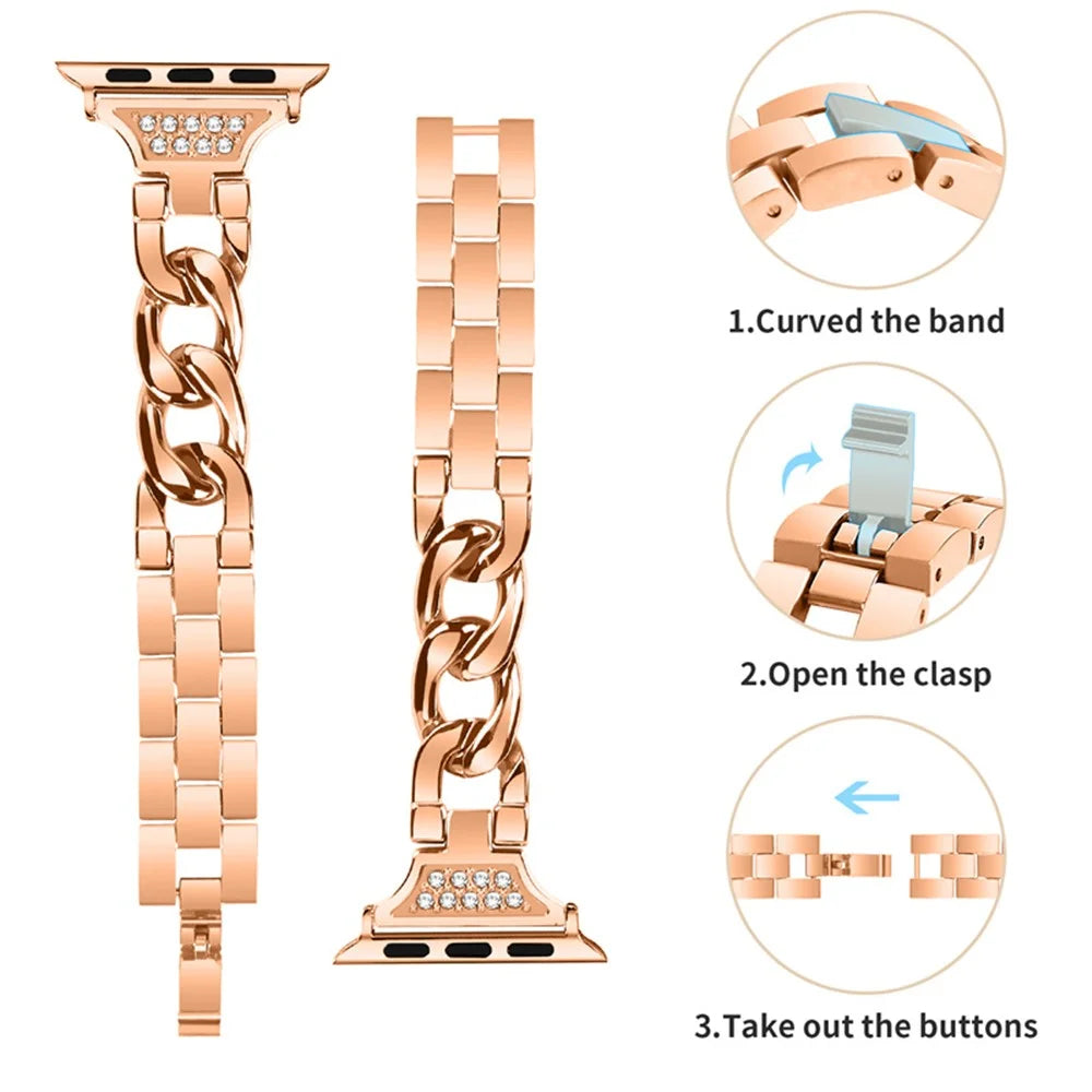 For Apple Watch Ultra 3 2 1 49mm / Series 11 10 46mm / 9 8 7 45mm / SE3 SE2 SE 6 5 4 44mm / 3 2 1 42mm Rhinestone Decor Metal Smart Watch Band Replacement Wrist Strap - Rose Gold - 4