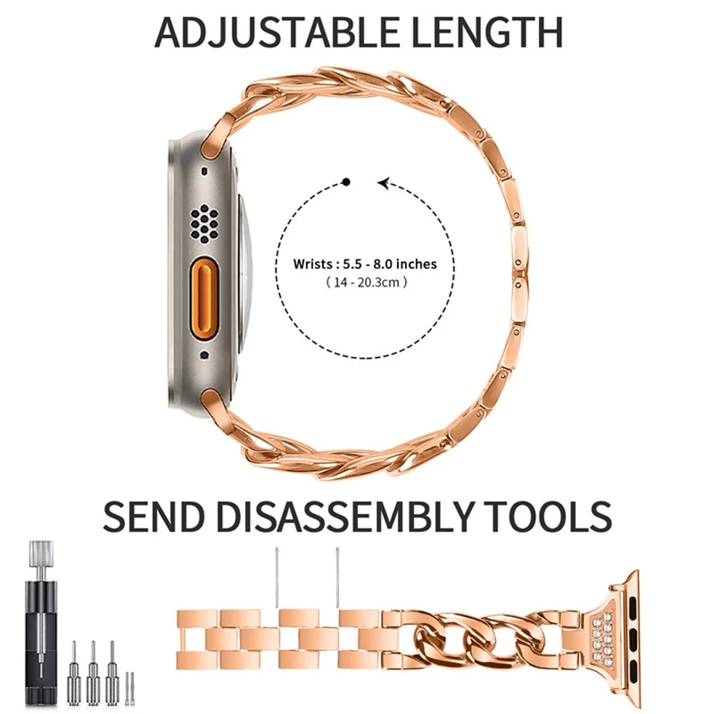 For Apple Watch Ultra 3 2 1 49mm / Series 11 10 46mm / 9 8 7 45mm / SE3 SE2 SE 6 5 4 44mm / 3 2 1 42mm Rhinestone Decor Metal Smart Watch Band Replacement Wrist Strap - Rose Gold - 5