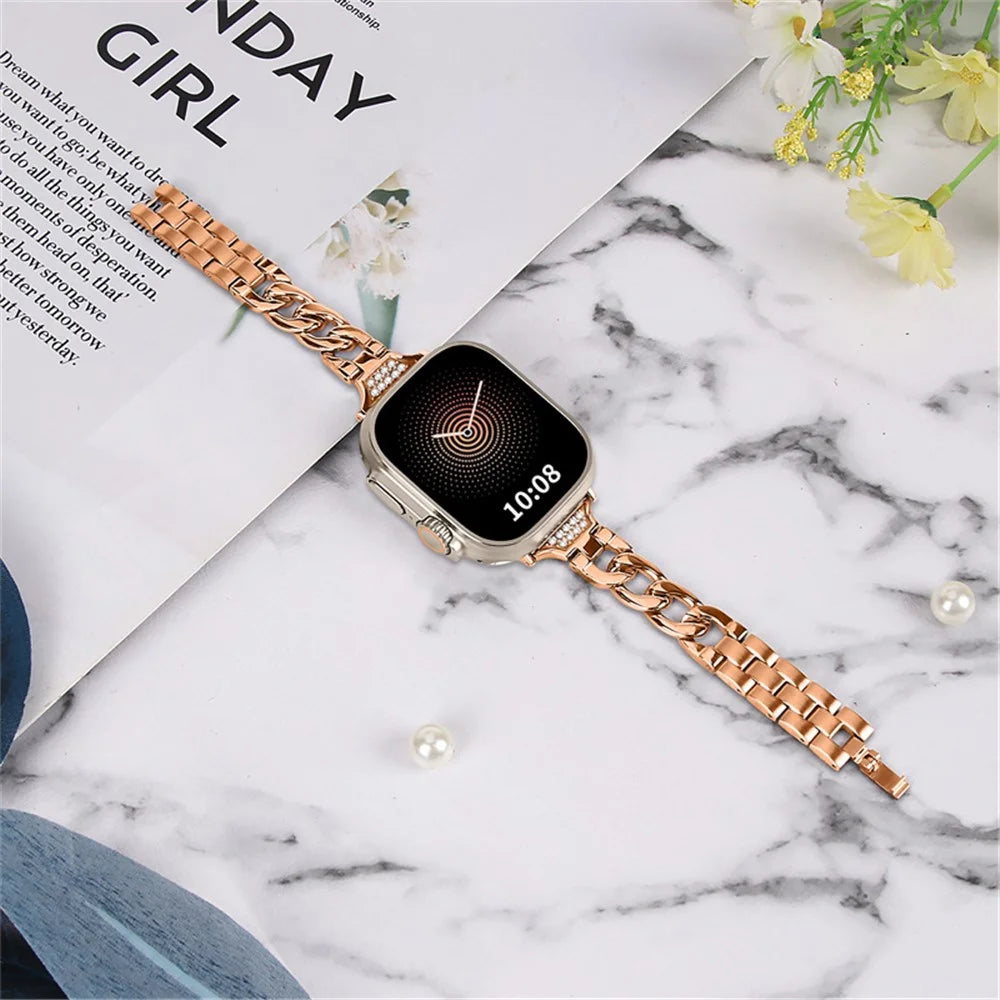 For Apple Watch Ultra 3 2 1 49mm / Series 11 10 46mm / 9 8 7 45mm / SE3 SE2 SE 6 5 4 44mm / 3 2 1 42mm Rhinestone Decor Metal Smart Watch Band Replacement Wrist Strap - Rose Gold - 6
