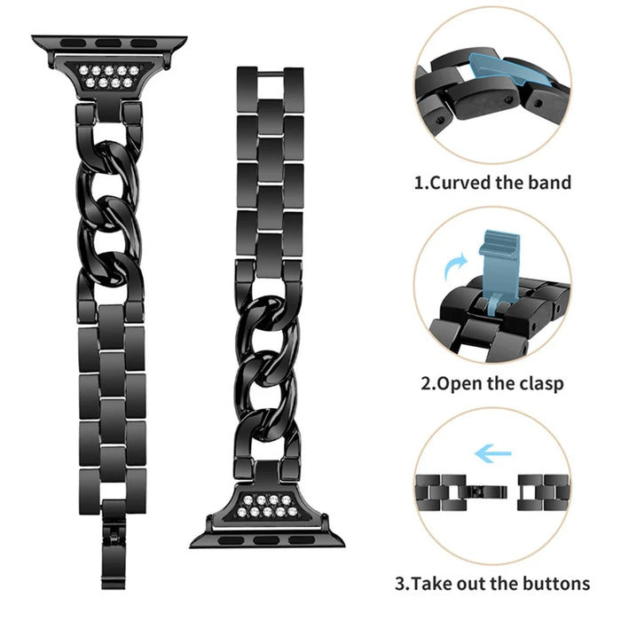Watch Strap for Apple Watch Series 11 10 42mm / 9 8 7 41mm / SE3 SE2 SE 6 5 4 40mm / 3 2 1 38mm Rhinestones Decor Metal Band - Black - 4