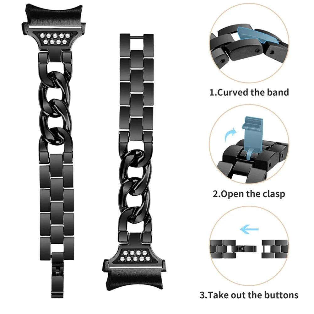 For Samsung Galaxy Watch 5 / 4 Active 44mm / 40mm / Watch 5 Pro 45mm Metal Watch Strap Rhinestone Decor Wrist Band with Adapter Connector - Black - 3