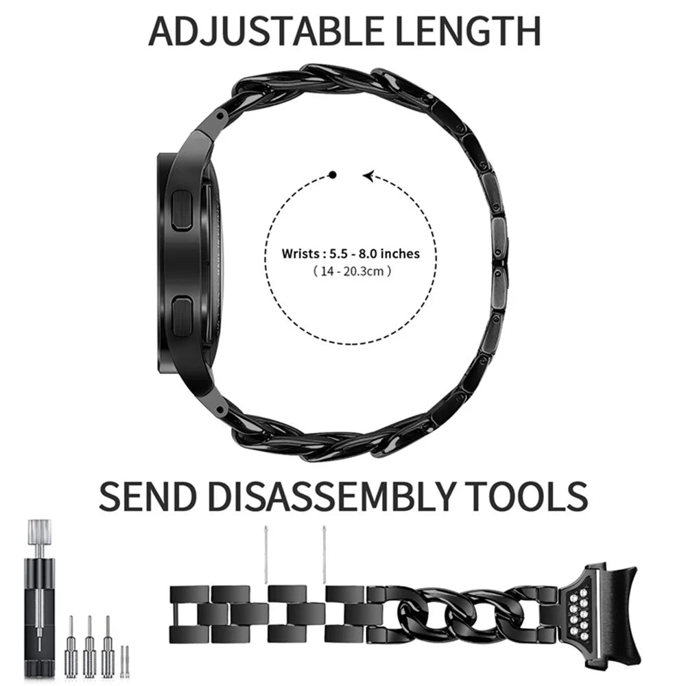 For Samsung Galaxy Watch 5 / 4 Active 44mm / 40mm / Watch 5 Pro 45mm Metal Watch Strap Rhinestone Decor Wrist Band with Adapter Connector - Black - 4
