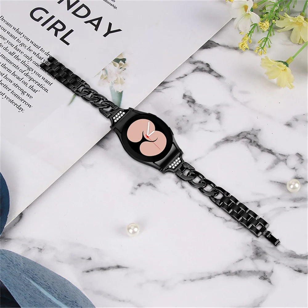 For Samsung Galaxy Watch 5 / 4 Active 44mm / 40mm / Watch 5 Pro 45mm Metal Watch Strap Rhinestone Decor Wrist Band with Adapter Connector - Black - 5