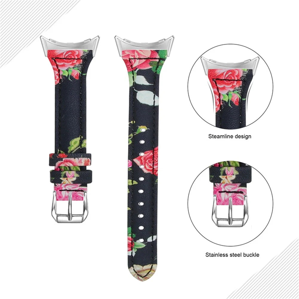 For Google Pixel Watch 4 41mm / Watch 3 41mm / Watch 2 / Watch Genuine Leather Watch Band Flower Pattern Wrist Strap with Silver Connector - Style A - 3