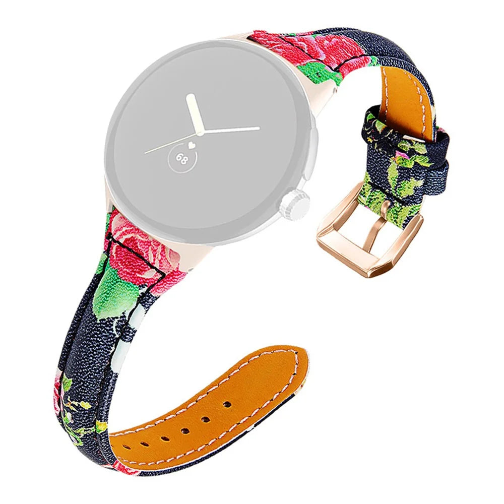 For Google Pixel Watch 4 41mm / Watch 3 41mm / Watch 2 / Watch Flower Pattern Watch Band Genuine Leather Adjustable Strap with Rose Gold Connector - Flower Pattern A - 1