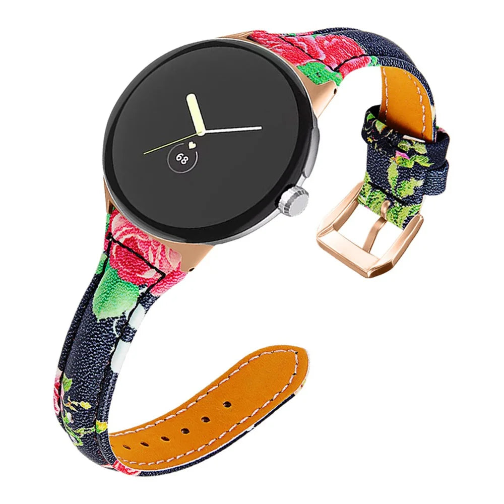 For Google Pixel Watch 4 41mm / Watch 3 41mm / Watch 2 / Watch Flower Pattern Watch Band Genuine Leather Adjustable Strap with Rose Gold Connector - Flower Pattern A - 2