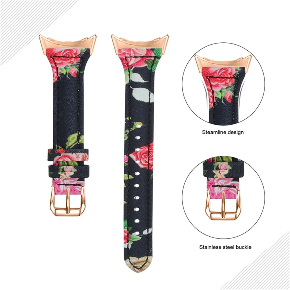 For Google Pixel Watch 4 41mm / Watch 3 41mm / Watch 2 / Watch Flower Pattern Watch Band Genuine Leather Adjustable Strap with Rose Gold Connector - Flower Pattern A - 3