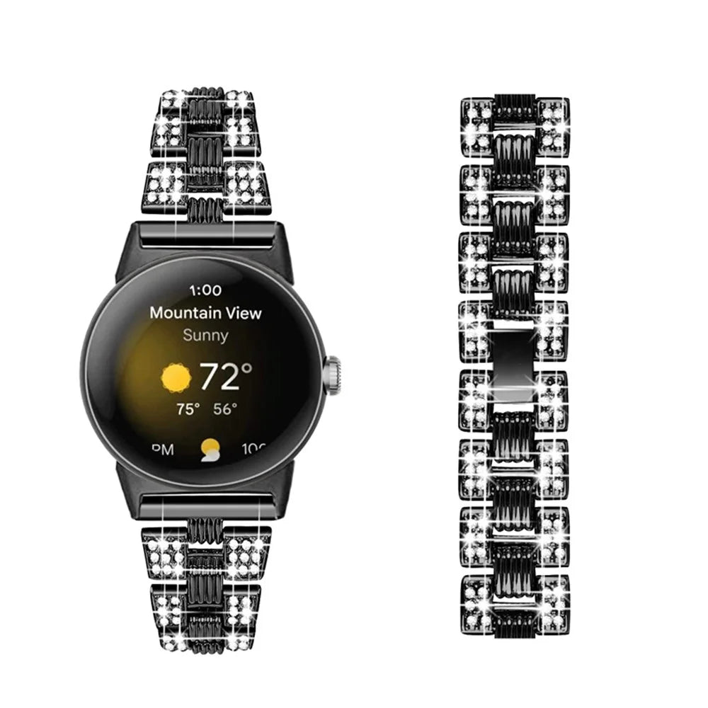 For Google Pixel Watch 4 41mm / Watch 3 41mm / Watch 2 / Watch Rhinestone Decor Stylish Smart Watch Band Zinc Alloy Wrist Strap Replacement - Black - 4
