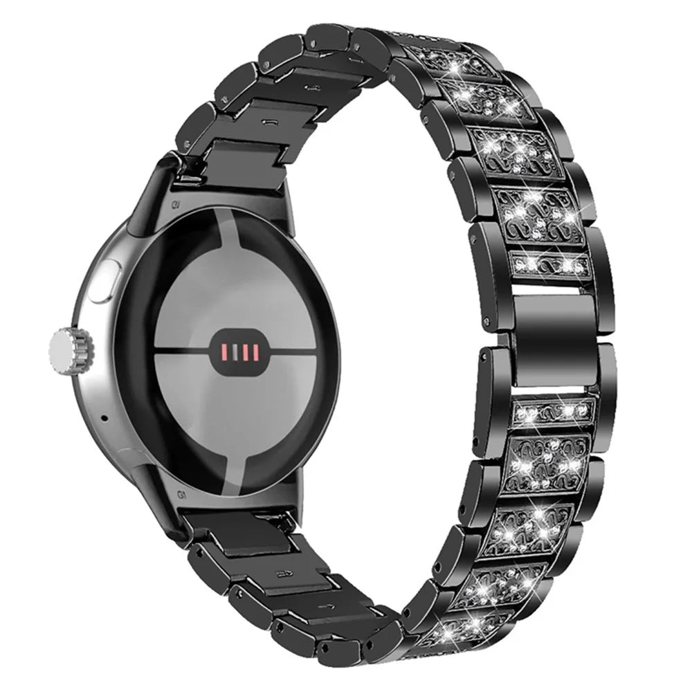 For Google Pixel Watch 4 41mm / Watch 3 41mm / Watch 2 / Watch Rhinestone Decor Watch Band Metal Watch Strap Replacement - Black - 1
