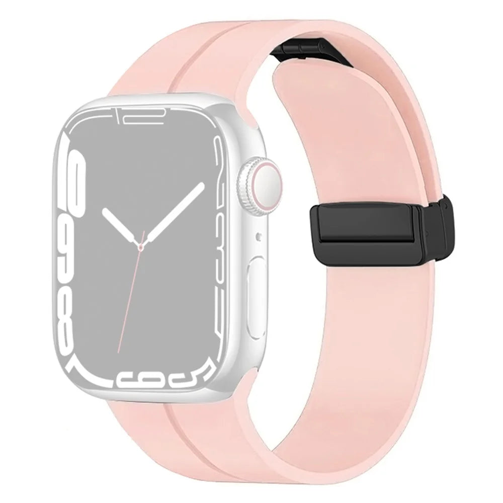 For Apple Watch Ultra 3 2 1 49mm / Series 11 10 46mm / 9 8 7 45mm / SE3 SE2 SE 6 5 4 44mm / 3 2 1 42mm Magnetic Folding Buckle Silicone Watch Band Wristband Strap Bracelet - Pink - 1