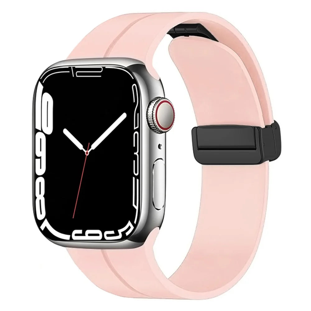 For Apple Watch Ultra 3 2 1 49mm / Series 11 10 46mm / 9 8 7 45mm / SE3 SE2 SE 6 5 4 44mm / 3 2 1 42mm Magnetic Folding Buckle Silicone Watch Band Wristband Strap Bracelet - Pink - 2