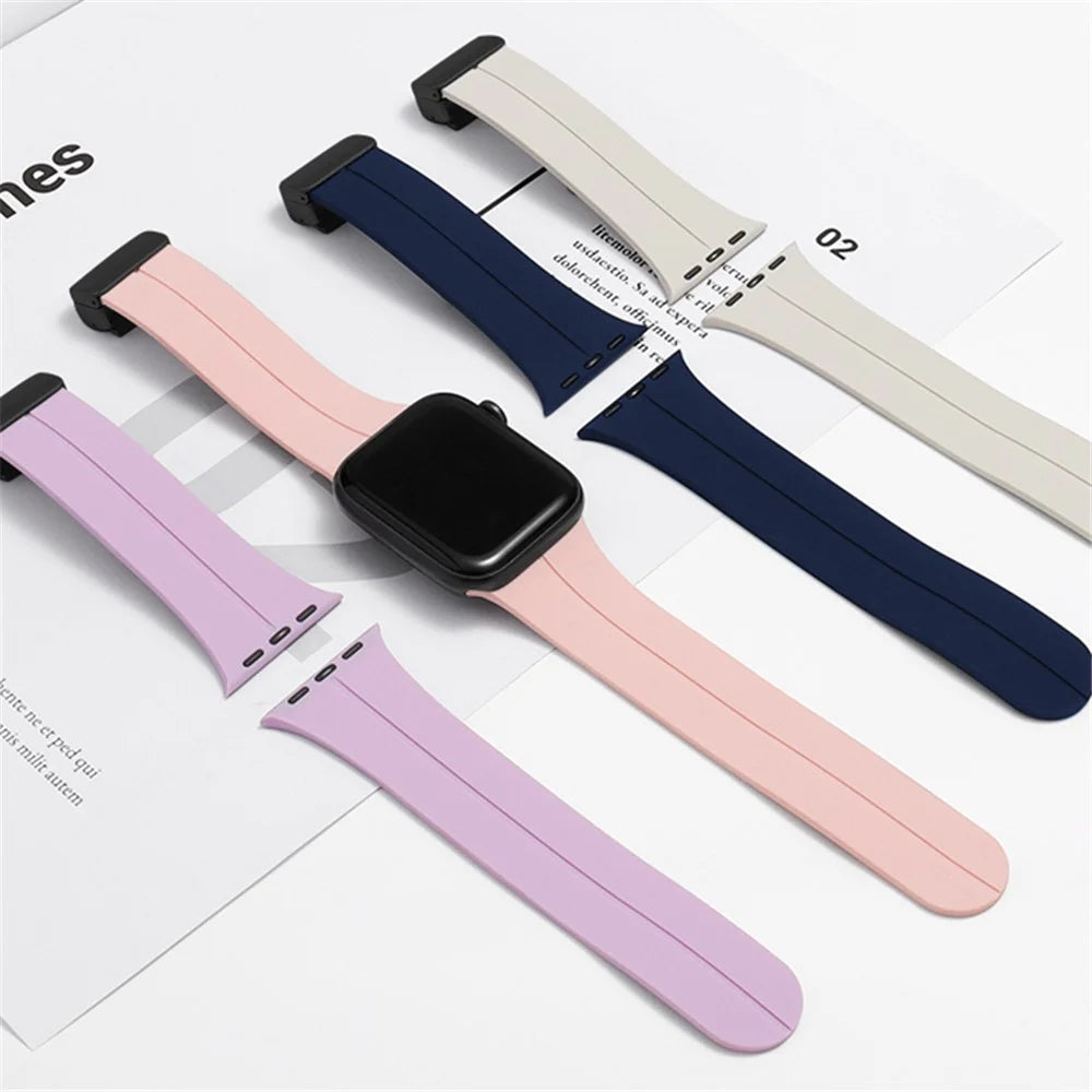 For Apple Watch Ultra 3 2 1 49mm / Series 11 10 46mm / 9 8 7 45mm / SE3 SE2 SE 6 5 4 44mm / 3 2 1 42mm Magnetic Folding Buckle Silicone Watch Band Wristband Strap Bracelet - Pink - 6