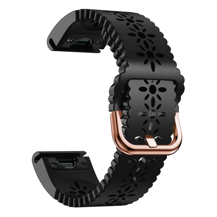 For Garmin Fenix 7S / 6S Pro / 5S Plus / Instinct 2S Hollow-out Flower Pattern Silicone Watch Band Adjustable Quick Release Soft Strap Replacement - Black - 1