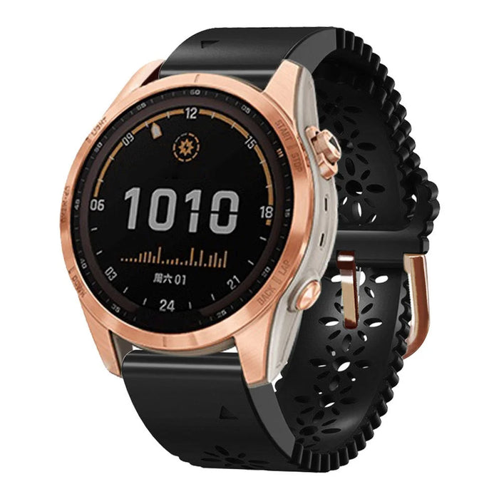 For Garmin Fenix 7S / 6S Pro / 5S Plus / Instinct 2S Hollow-out Flower Pattern Silicone Watch Band Adjustable Quick Release Soft Strap Replacement - Black - 3
