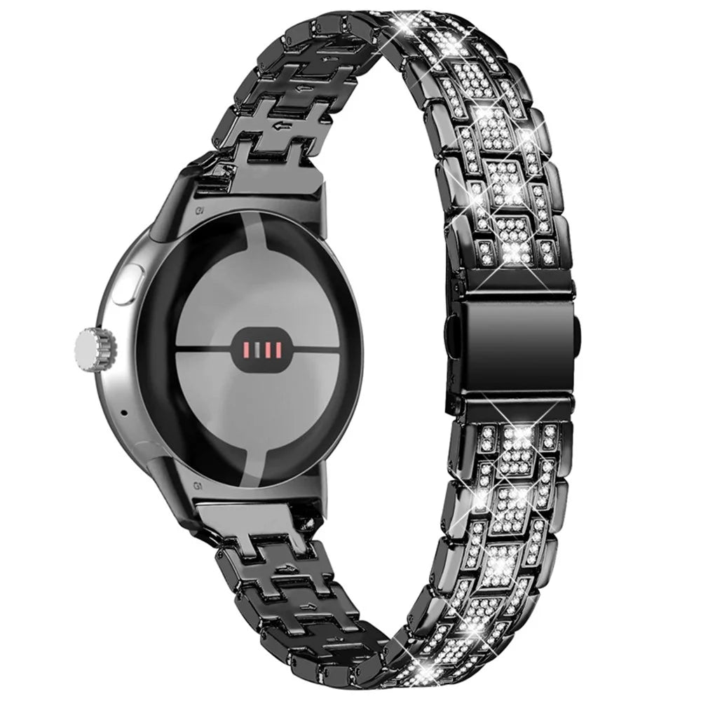 For Google Pixel Watch 4 41mm / Watch 3 41mm / Watch 2 / Watch Rhinestones Decor Replacement Strap 5 Beads Metal Dual Press Buckle Smart Watch Wristband - Black - 1