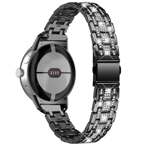 For Google Pixel Watch 4 41mm / Watch 3 41mm / Watch 2 / Watch Rhinestones Decor Replacement Strap 5 Beads Metal Dual Press Buckle Smart Watch Wristband - Black - 1