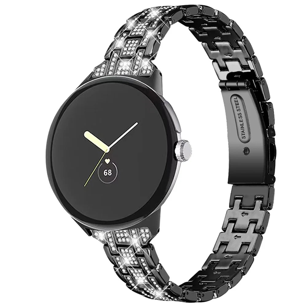 For Google Pixel Watch 4 41mm / Watch 3 41mm / Watch 2 / Watch Rhinestones Decor Replacement Strap 5 Beads Metal Dual Press Buckle Smart Watch Wristband - Black - 2