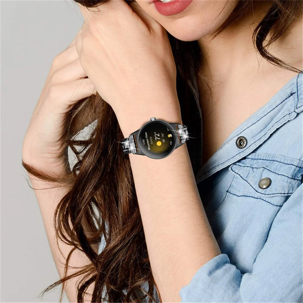 For Google Pixel Watch 4 41mm / Watch 3 41mm / Watch 2 / Watch Rhinestones Decor Replacement Strap 5 Beads Metal Dual Press Buckle Smart Watch Wristband - Black - 5