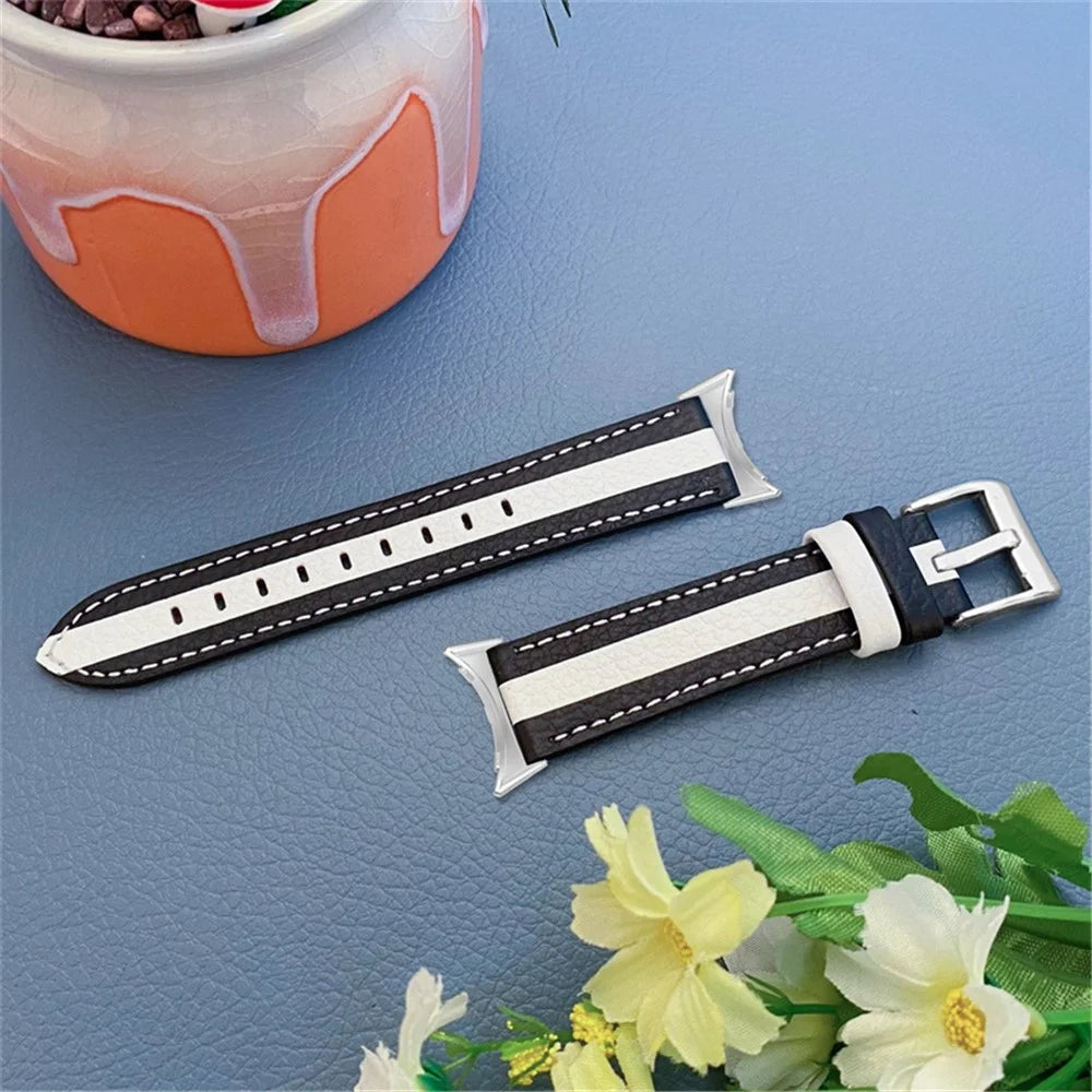 For Google Pixel Watch 4 41mm / Watch 3 41mm / Watch 2 / Watch Top Layer Cowhide Leather Wrist Strap Color Splicing Replacement Smart Watch Band - Black / White - 4