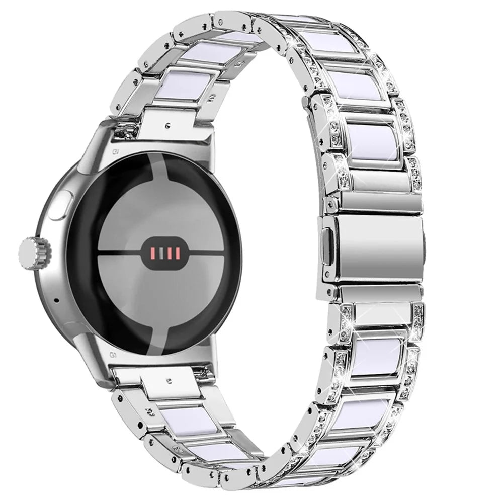 For Google Pixel Watch 4 41mm / Watch 3 41mm / Watch 2 / Watch Stainless Steel Resin Band Bracelet Rhinestone Decor Replacement Wristband - Sliver  /  White - 1