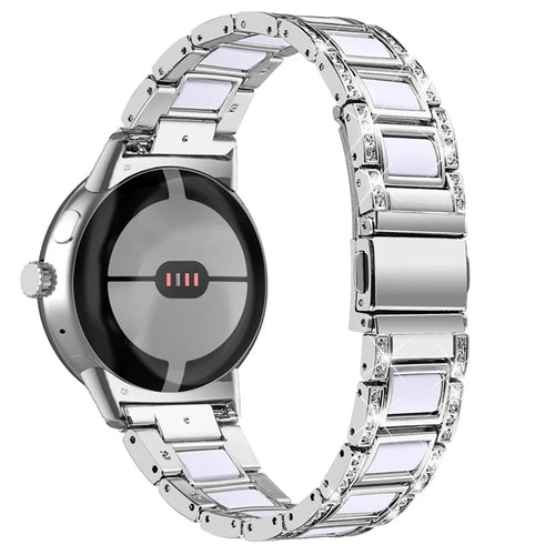 For Google Pixel Watch 4 41mm / Watch 3 41mm / Watch 2 / Watch Stainless Steel Resin Band Bracelet Rhinestone Decor Replacement Wristband - Sliver  /  White - 1