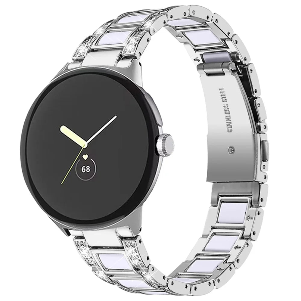 For Google Pixel Watch 4 41mm / Watch 3 41mm / Watch 2 / Watch Stainless Steel Resin Band Bracelet Rhinestone Decor Replacement Wristband - Sliver  /  White - 2