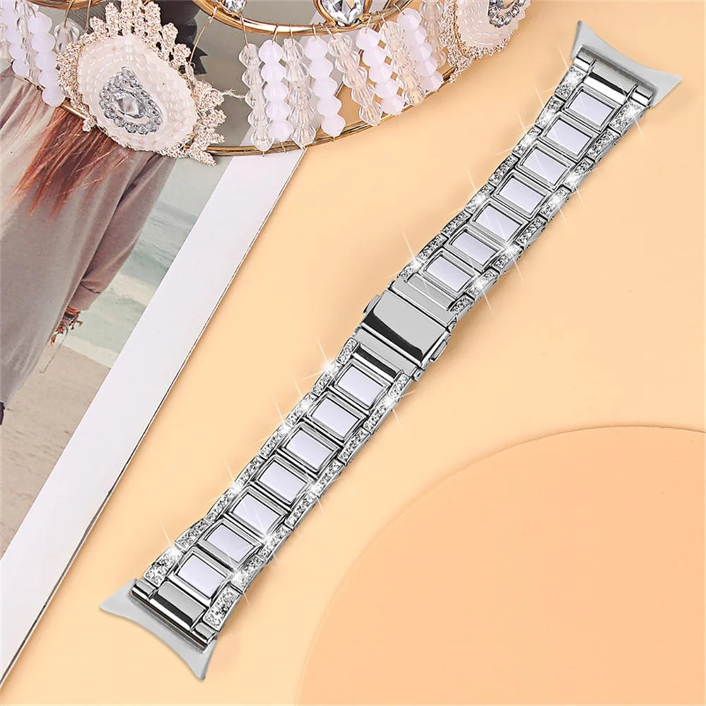 For Google Pixel Watch 4 41mm / Watch 3 41mm / Watch 2 / Watch Stainless Steel Resin Band Bracelet Rhinestone Decor Replacement Wristband - Sliver  /  White - 3