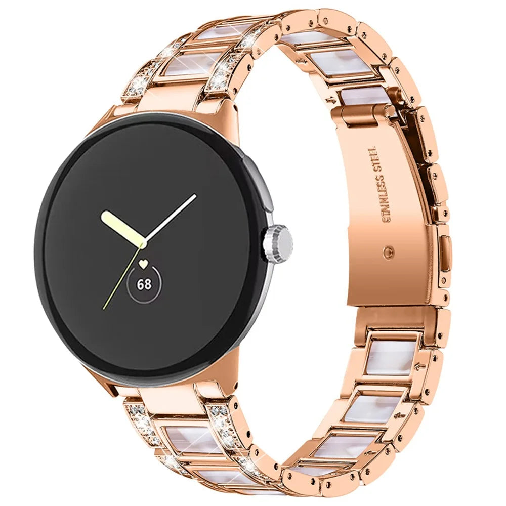 For Google Pixel Watch 4 41mm / Watch 3 41mm / Watch 2 / Watch Stainless Steel Resin Strap Bracelet Rhinestone Decor Replacement Wristband - Rose Gold  /  Pink Mix - 2