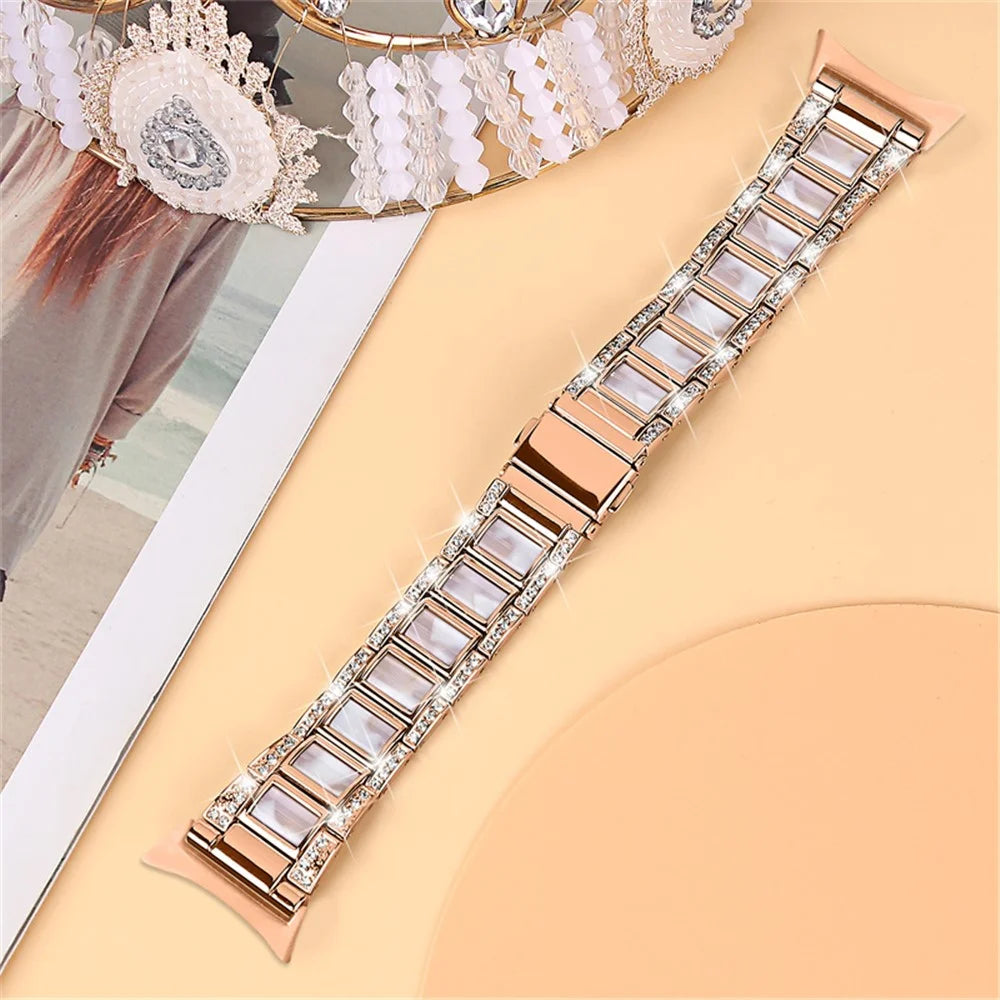 For Google Pixel Watch 4 41mm / Watch 3 41mm / Watch 2 / Watch Stainless Steel Resin Strap Bracelet Rhinestone Decor Replacement Wristband - Rose Gold  /  Pink Mix - 3