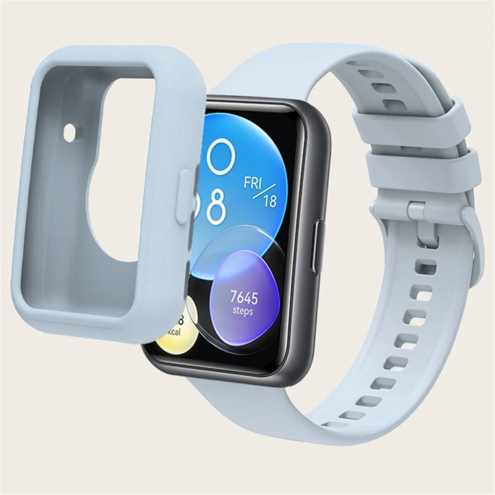 For Huawei Watch Fit 2 Silicone Strap Soft Sport Replacement Watch Band with Protective Frame Cover - Island Blue - 2