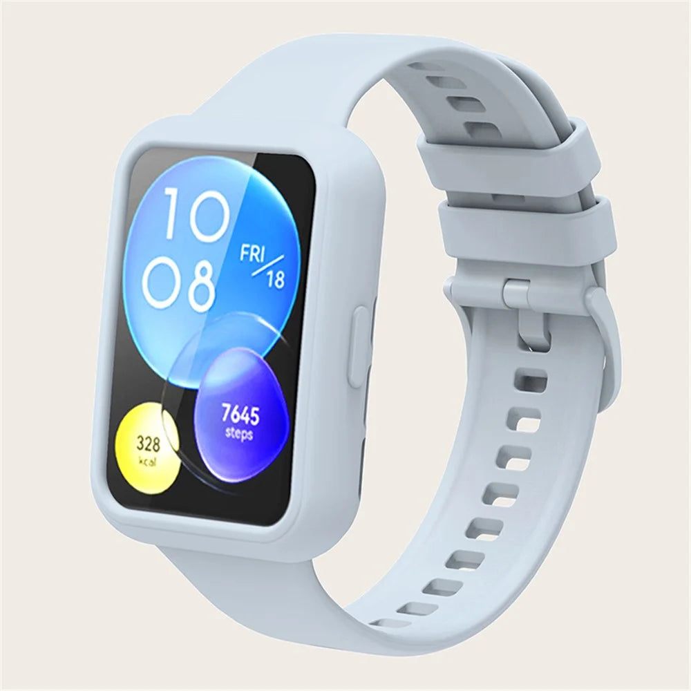 For Huawei Watch Fit 2 Silicone Strap Soft Sport Replacement Watch Band with Protective Frame Cover - Island Blue - 3