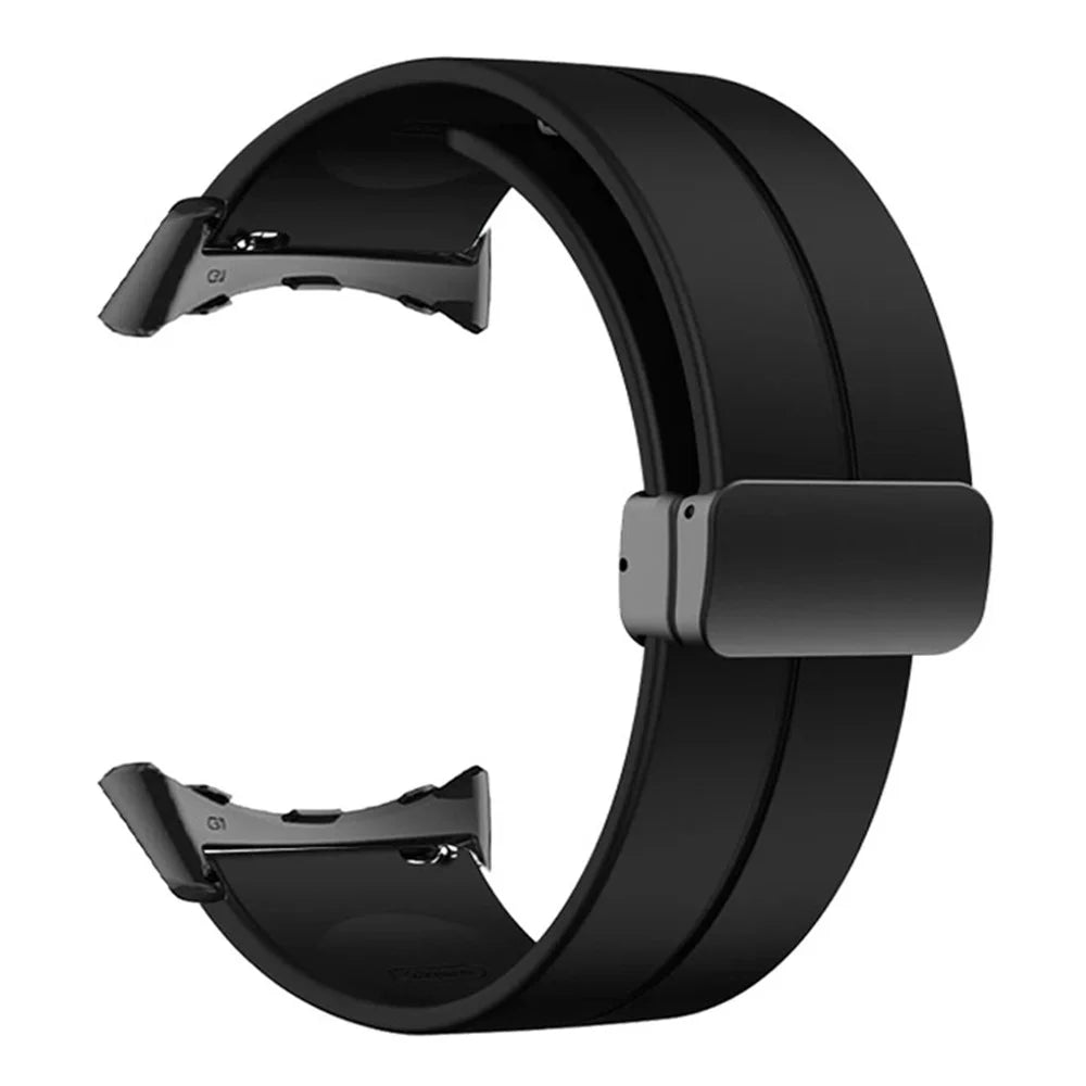 For Google Pixel Watch 4 41mm / Watch 3 41mm / Watch 2 / Watch Silicone Sport Band Magnetic Folding Buckle Replacement Watch Strap - Black Buckle / Black - 2