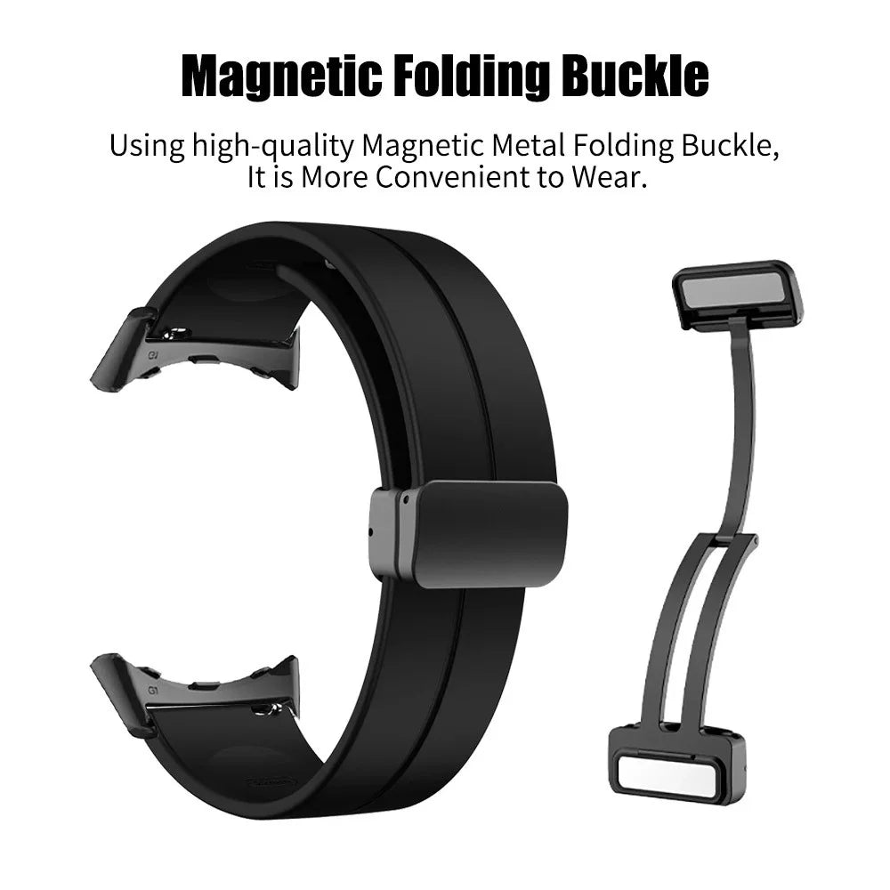 For Google Pixel Watch 4 41mm / Watch 3 41mm / Watch 2 / Watch Silicone Sport Band Magnetic Folding Buckle Replacement Watch Strap - Black Buckle / Black - 3
