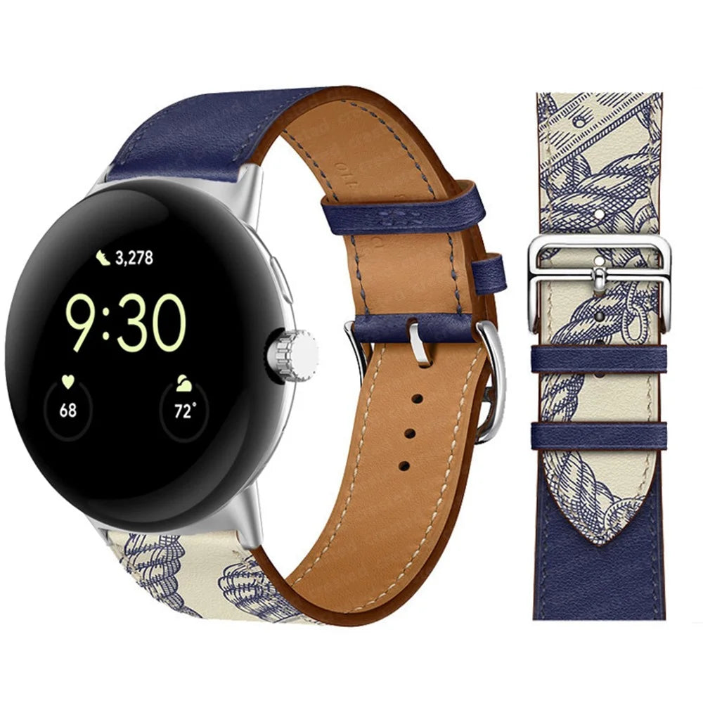 For Google Pixel Watch 4 41mm / Watch 3 41mm / Watch 2 / Watch Genuine Leather Watch Band  Stainless Steel Buckle Replacement Strap - Dark Blue / Muddy Grey - 3