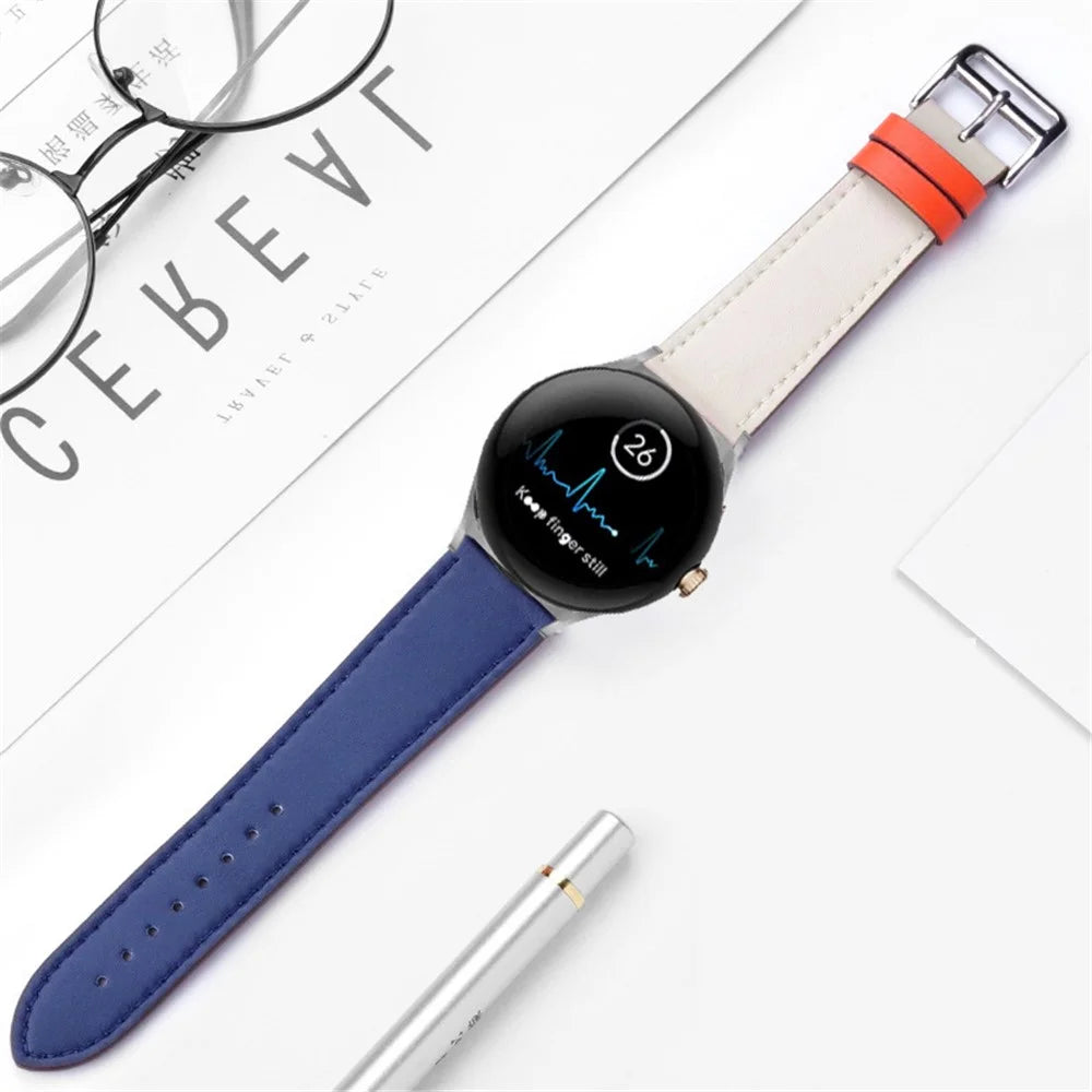 For Google Pixel Watch 4 41mm / Watch 3 41mm / Watch 2 / Watch Genuine Leather Watch Band  Stainless Steel Buckle Replacement Strap - Dark Blue / Muddy Grey - 4
