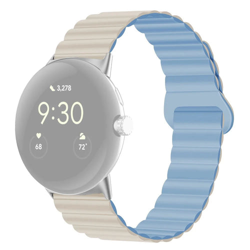 For Google Pixel Watch 4 41mm / Watch 3 41mm / Watch 2 / Watch Dual-Color Silicone Replacement Strap 20mm Adjustable Magnetic Closure Watch Band - Antique White / Mist Blue - 1