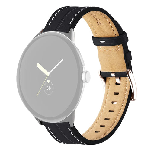 For Google Pixel Watch 4 41mm / Watch 3 41mm / Watch 2 / Watch Genuine Leather Watch Band Stainless Steel Buckle Stitched Replacement Strap - Black - 1