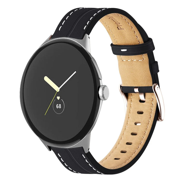 For Google Pixel Watch 4 41mm / Watch 3 41mm / Watch 2 / Watch Genuine Leather Watch Band Stainless Steel Buckle Stitched Replacement Strap - Black - 2