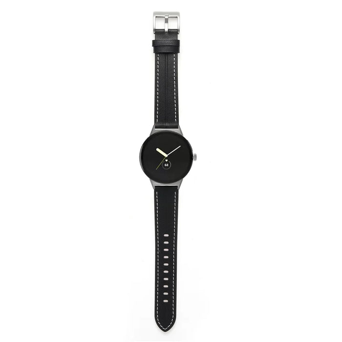 For Google Pixel Watch 4 41mm / Watch 3 41mm / Watch 2 / Watch Genuine Leather Watch Band Stainless Steel Buckle Stitched Replacement Strap - Black - 3
