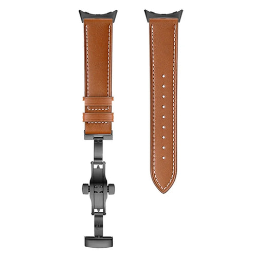 Butterfly Buckle Genuine Leather Strap for Google Pixel Watch 4 41mm / Watch 3 41mm / Watch 2 / Watch Replacement Watch Band - Black Buckle / Brown - 1