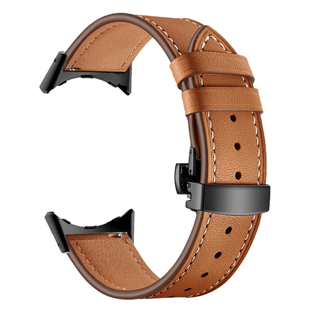 Butterfly Buckle Genuine Leather Strap for Google Pixel Watch 4 41mm / Watch 3 41mm / Watch 2 / Watch Replacement Watch Band - Black Buckle / Brown - 2