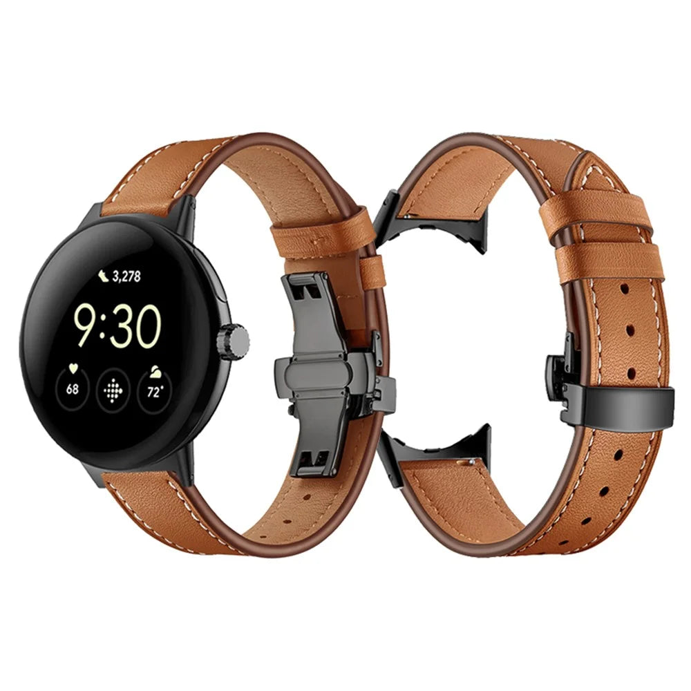 Butterfly Buckle Genuine Leather Strap for Google Pixel Watch 4 41mm / Watch 3 41mm / Watch 2 / Watch Replacement Watch Band - Black Buckle / Brown - 3